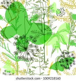 Seamless pattern with wild flowers, herbs and grasses. Floral background with forest aroma and medical plants. Meadows.