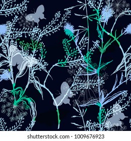 Seamless pattern with wild flowers, herbs and grasses. Floral background with forest aroma and medical plants. Meadows.