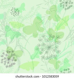 Seamless pattern with wild flowers, herbs and grasses. Floral background with forest aroma and medical plants. Meadows.