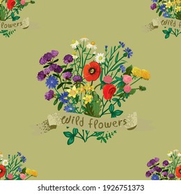 Seamless pattern with wild flowers, herbs, plants isolated on beige. Floral decorative background with bouquet in vintage botanical style for wrapping paper, wallpaper, printing. Vector illustration.