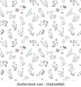 Seamless pattern with wild flowers and herbs. Simple hand drawn style, pastel palette.