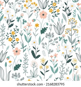 Seamless pattern with wild flowers and herbs. Simple hand drawn style.