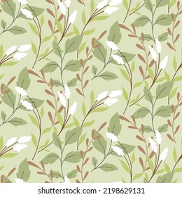 Seamless pattern with wild flowers and herbs in natural colors. Delicate design of botanical background, floral print with decorative field plants, herbs, leaves. Vector illustration.