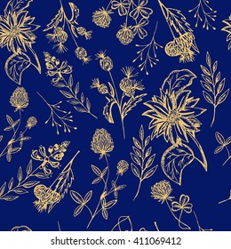 Seamless pattern of wild flowers and herbs. Pattern with flowers for packing. Stock vector