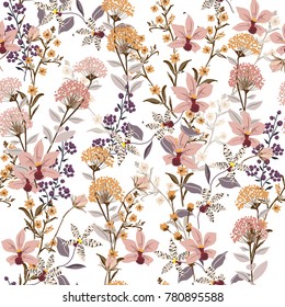  Seamless Pattern wild flowers,  Isolated on white color. Botanical Floral Decoration Texture. Vintage Style Design for Fabric Print, Wallpaper Background.