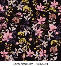 Seamless Pattern wild flowers,  Isolated on black color. Botanical Floral Decoration Texture. Vintage Style Design for Fabric Print, Wallpaper Background.