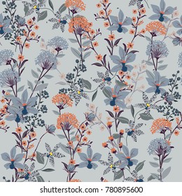 Seamless Pattern wild flowers,  Isolated on blue color. Botanical Floral Decoration Texture. Vintage Style Design for Fabric Print, Wallpaper Background.