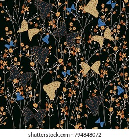 Seamless Pattern wild flowers,  Isolated on black color. Botanical Floral Decoration Texture. Vintage Style Design for Fabric Print, Wallpaper Background.