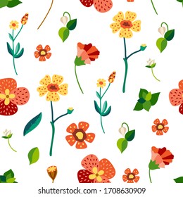 Seamless pattern with wild flowers and leaves. Flat beautiful background. Fashion print. Vector stock illustration.