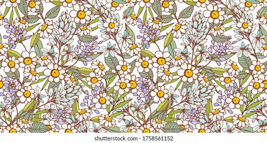 Seamless pattern with wild flowers, leaves. Floral background. Summer print. Fabric design, wallpaper