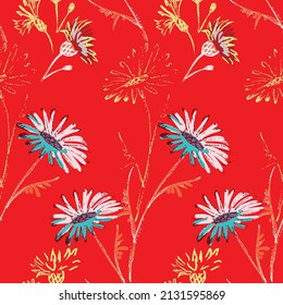 Seamless pattern of wild flowers and leaves. Floral ornament is located in a random order. Design of textiles, paper, packaging, bed linen. Vector illustration.