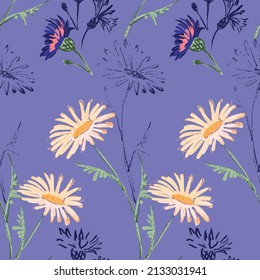 Patrón sin foco de flores y hojas silvestres. El ornamento floral se encuentra en orden aleatorio. Diseño de textiles, papel, embalaje, ropa de cama. Ilustración vectorial.
