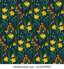 Patrón sin foco con flores silvestres, hojas, hierbas. Campo de verano con plantas hechas a mano sobre un fondo azul. Elegante estampado floral, superficie botánica herbal con flor silvestre. Ilustración vectorial.