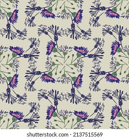Patrón sin foco de flores y hojas silvestres. El ornamento floral se organiza en orden geométrico. Diseño de textiles, papel, embalaje, ropa de cama. Ilustración vectorial.