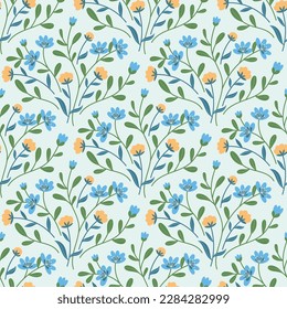 Seamless pattern with wild flowers and leaves. Pastel palette. Flat style.