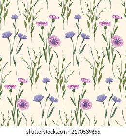 Seamless pattern with wild flowers on a white field. Romantic floral print, rustic botanical background with hand drawn plants, cornflower, other wild flowers, leaves, herbs. Vector.