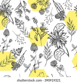 Seamless pattern of wild flowers on a white background with honeycomb. Honey pattern with Lavender for packing. Stock vector