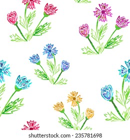 Seamless pattern of wild flowers painted with watercolors on white background.
