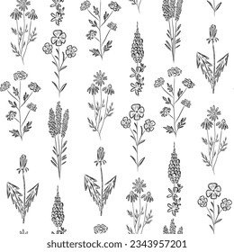 Seamless pattern with wild flowers and plants in hand drawn sketch style