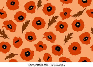 Seamless pattern with wild flowers poppies and leaves in brown tones stylized in silhouette vector graphic print for wallpaper, textile, fabric, cover, poster, paper, packaging.