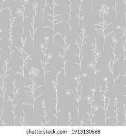 Seamless pattern with wild flowers silhouette. Gray background with blossoming flowers. Vintage floral wallpaper. Vector stock illustration.