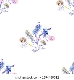 Seamless pattern with Wild Flowers with Summer Botanical Sketches.  Vector Illustration