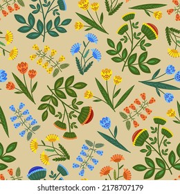 seamless pattern wild flowers and sunflowers