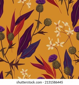 Nahtlose Muster mit wilden Blumen, Stacheln, Blättern, Kräuter auf einem gelben Feld. Vintage botanische Schrift, eleganter floraler Hintergrund mit handgezeichneten Feldpflanzen. Vektorgrafik.