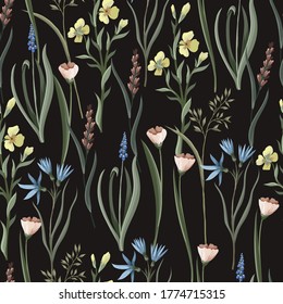 Seamless pattern with wild flowers. Trendy textile print.