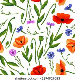 Seamless pattern with wild flowers. Vector illustration with poppies and cornflowers. Floral print for fabric, wallpaper, wrapping paper