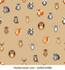 
Seamless pattern with wild forest animals in a flat style on the background. Stock vector illustration for decoration and design, packaging, wallpaper, wrapping paper, fabrics, posters, postcards