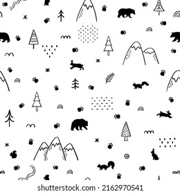 Seamless pattern with wild forest animals. Woodland life. Background for fabric, textile, wrapping paper, clothing. Vector illustration