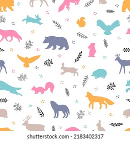 Seamless pattern with wild forest animals. Woodland life. Background for textile, fabric, wrapping paper, clothing. Vector illustration