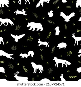 Seamless pattern with wild forest animals. Woodland life. Background for textile, wrapping paper, fabric, clothing. Vector illustration