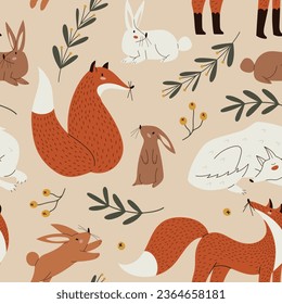 Seamless pattern with wild forest animals, fox, rabbits and wolf, Scandinavian style design