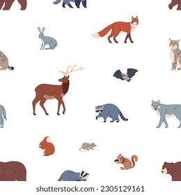 Seamless pattern, wild forest fauna. Woods animals, repeating print, endless zoo background design. Wildlife species, beasts, rodents, wolf, fox, lynx, raccoon. Colored flat vector illustration