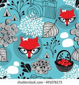 Seamless pattern with wild fox in eyeglasses. Vector illustration of winter forest on blue background.