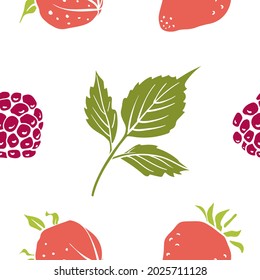 Seamless pattern with wild and garden berries. Colorful paper cut collection berries and leaves isolated on white background. Doodle hand drawn vector illustration