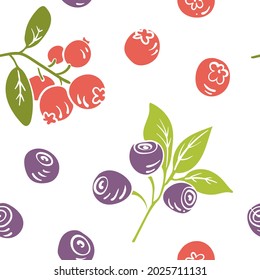 Seamless pattern with wild and garden berries. Colorful paper cut collection berries and leaves isolated on white background. Doodle hand drawn vector illustration
