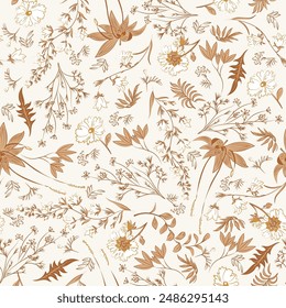 Seamless pattern of wild grass flowers. Natural beige tones. Vector botanical illustration. Blooming wallpaper background. Reed, pampas grass, wildflowers.