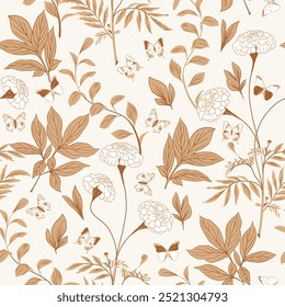 Seamless pattern of wild grass flowers. Natural beige tones. Vector botanical illustration. Blooming wallpaper background. Reed, pampas grass, wildflowers.