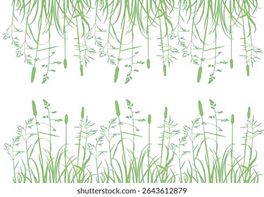 Naadloos patroon met wild gras en groene bladeren. Abstract patroon van lente- en zomergras. Groene en witte achtergrond voor behang, stof, verpakking