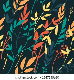 Seamless pattern with wild herbs branches and leaves  background cute spring summer colorful pattern with leaves.