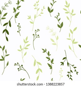 Seamless pattern with wild herbs branches and leaves  background cute spring vintage green colorful pattern with leaves.