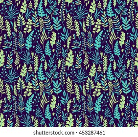 Seamless pattern with wild herbs. Branches and leaves. Dark blue background. Cute pattern with leaves. Floral endless pattern different plants. The elegant the template for fashion prints. Vector