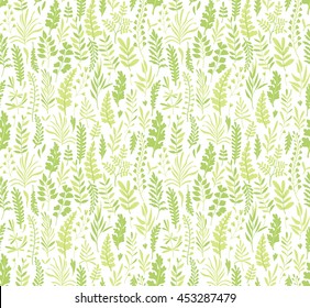 Seamless pattern with wild herbs. Branches and leaves. White background. Cute pattern with leaves. Floral endless pattern different plants. The elegant the template for fashion prints. Vector