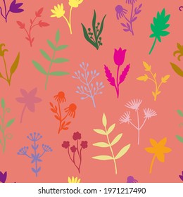 Seamless pattern of wild herbs and flowers isolated on a gentle background. Bright summer design of botanical elements. Vector illustration of plants, branches, leaves, buds, berries. Interior design.