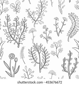 Seamless pattern of wild herbs and flowers, hand-drawn. Monochrome gamma .Vector graphics .
