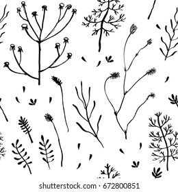 Seamless pattern with wild herbs and flowers. Hand drawn field plants background. Vector illustration