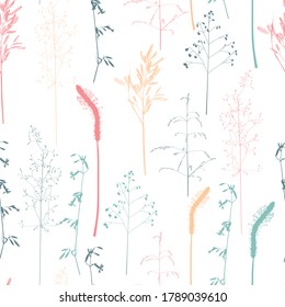 Seamless pattern with wild herbs and grasses. Thin delicate lines silhouettes of different plants. Pink, green, yellow, grey, blue line on white background.